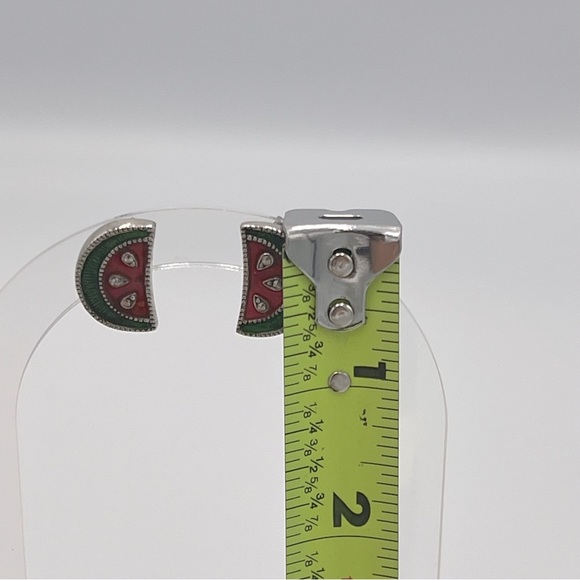 Vintage Avon Watermelon Slice Post Earrings Red Green Enamel Silver Tone Reto - Picture 6 of 11